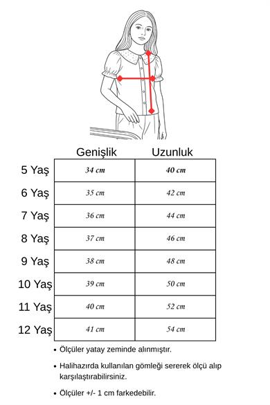 Kız Çocuk Gömlek Krep Kumaş Yakası Taşlı Kısa Büzgülü Kol 9-12 Yaş