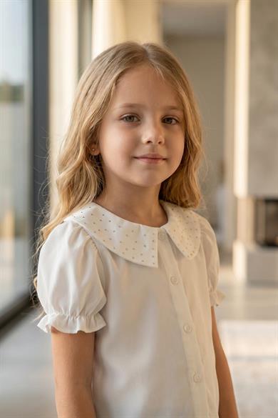 Kız Çocuk Gömlek Krep Kumaş Yakası Taşlı Kısa Büzgülü Kol 9-12 Yaş