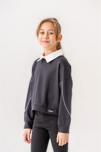 Kız Çocuk Lacivert Bluz Sweat Yaka Detaylı  
