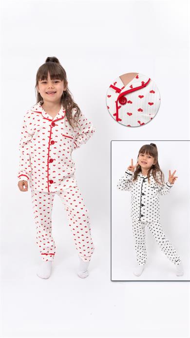 Kız Çocuk Pijama Takımı Kalp Desenli %100 Pamuk 2-8 Yaş