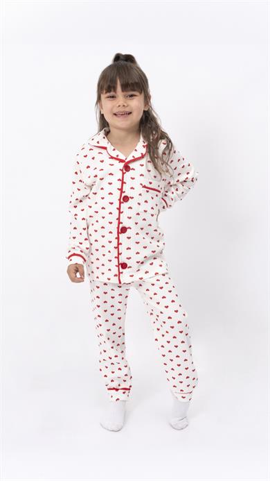 Kız Çocuk Pijama Takımı Kalp Desenli %100 Pamuk 2-8 Yaş