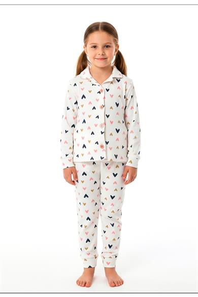 Kız Çocuk Pijama Takımı Renkli Kalp %100 Pamuk Kaşkorse