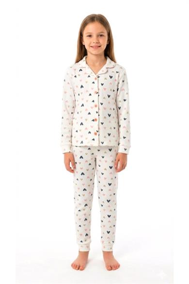 Kız Çocuk Pijama Takımı Renkli Kalp %100 Pamuk Kaşkorse