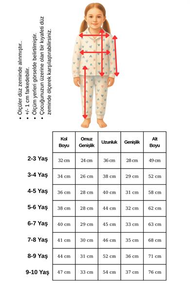 Kız Çocuk Pijama Takımı Renkli Kalp %100 Pamuk Kaşkorse