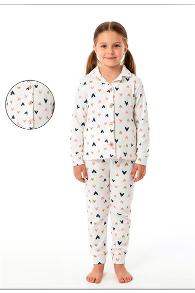 Kız Çocuk Pijama Takımı Renkli Kalp %100 Pamuk Kaşkorse