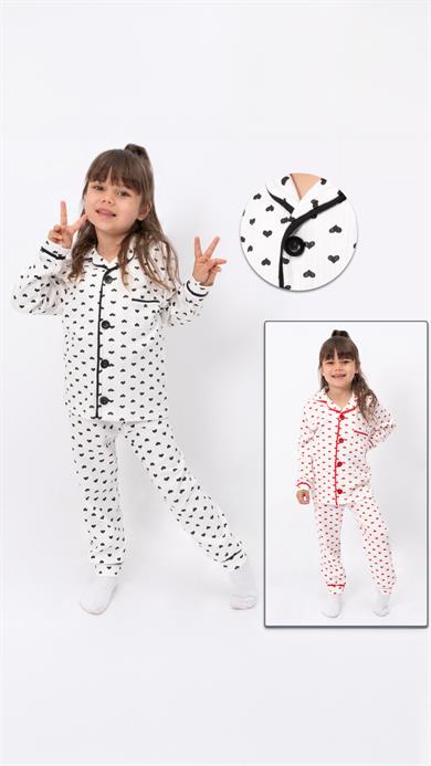 Kız Çocuk Pijama Takımı Siyah Kalp Desenli  2-8 Yaş