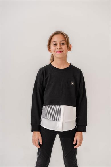 Kız Çocuk Siyah Bluz Sweat Yaka Gömlek Etek Detaylı  