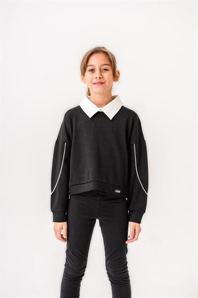 Kız Çocuk Siyah Bluz Sweat Yaka Detaylı  