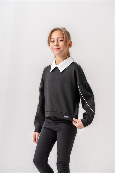Kız Çocuk Siyah Bluz Sweat Yaka Detaylı  