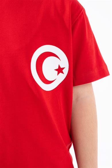 Kız Çocuk Türk Bayrak Göğüs Arma Baskılı Kırmızı Tshirt