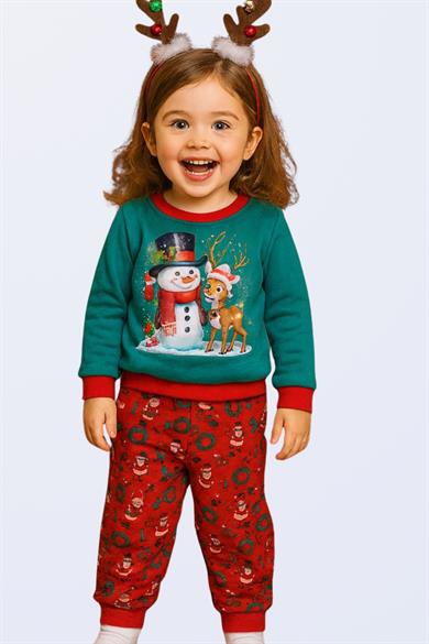 Kız Çocuk Yılbaşı Motifli %100 Pamuk Pijama Takımı 1-4 Yaş