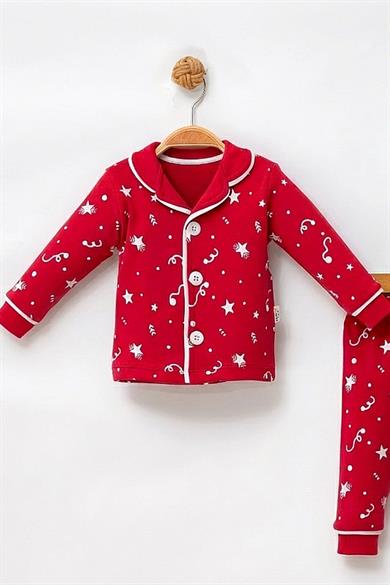 Kız - Erkek Çocuk Pijama Takımı Yıldız Desenli Kırmızı %100 Pamuk 