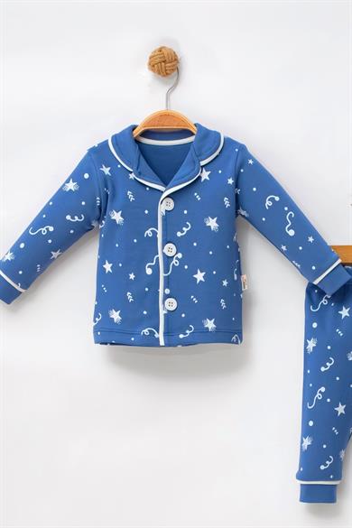 Kız - Erkek Çocuk Pijama Takımı Yıldız Desenli Mavi %100 Pamuk 