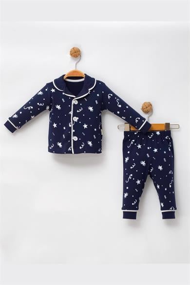 Kız - Erkek Çocuk Pijama Takımı Yıldız Desenli Lacivert %100 Pamuk 