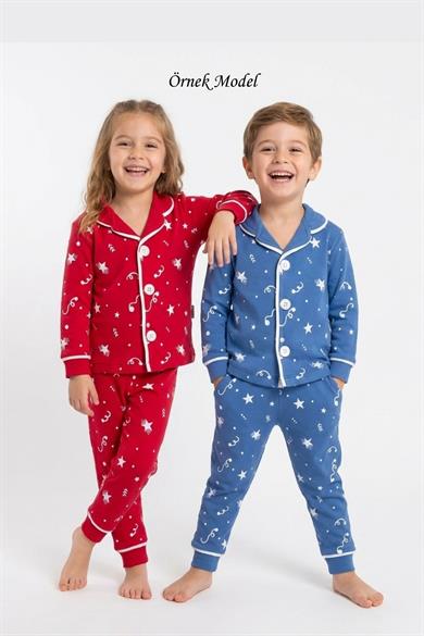 Kız - Erkek Çocuk Pijama Takımı Yıldız Desenli Lacivert %100 Pamuk 
