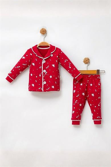 Kız - Erkek Çocuk Pijama Takımı Yıldız Desenli Kırmızı %100 Pamuk 