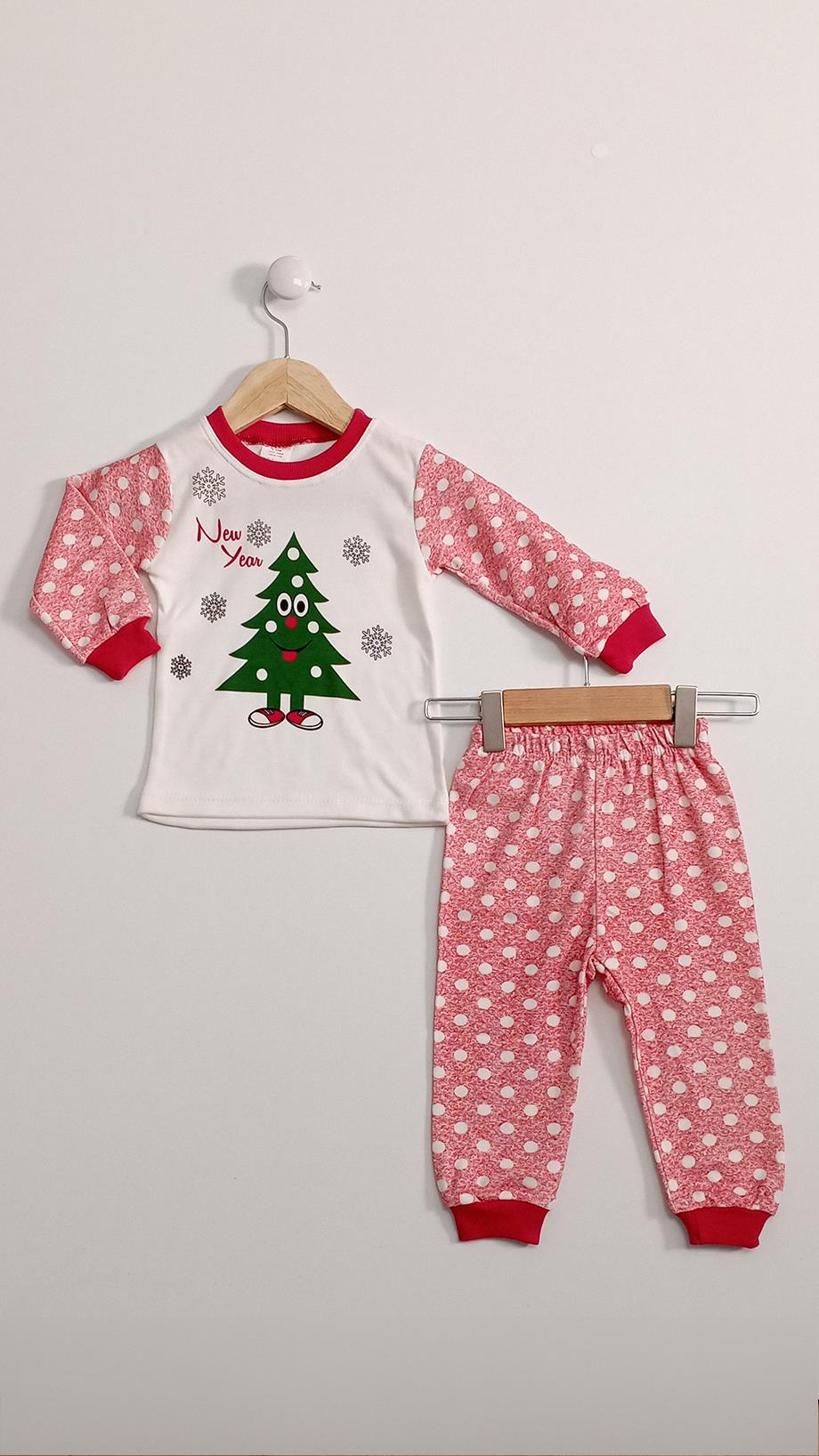 1-2-3 Yaş Kız Bebek Yeni Yıl Baskılı Uzun Kollu 2'li Pijama Takımı