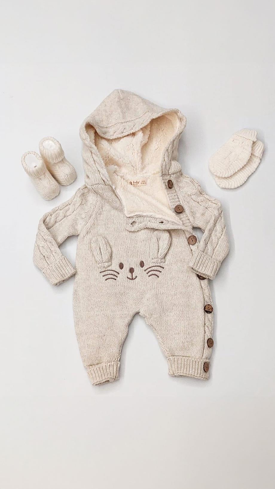 3-18 Ay Welsoftlu Kedi Nakışlı Kapişonlu Triko Tulum Set