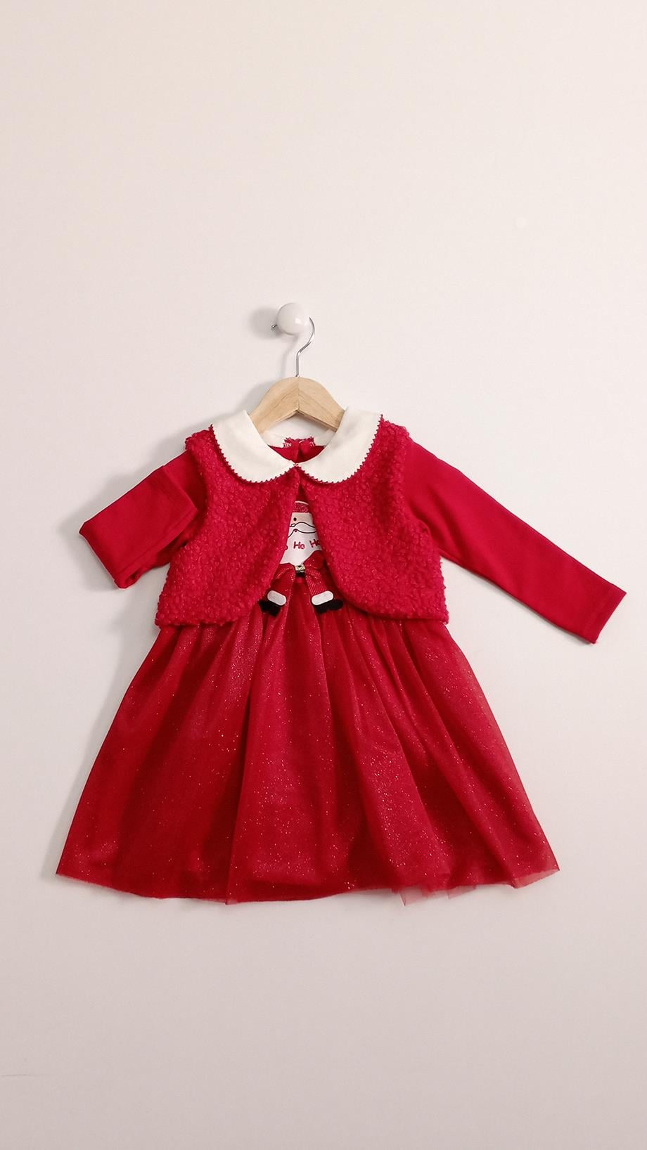 9-24 Ay Kız Bebek Elbise Peluş Yelekli Noel Tasarım