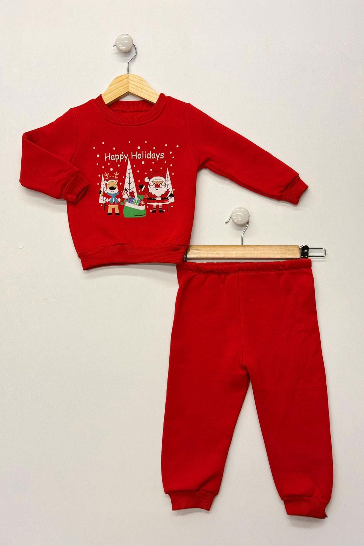 Çocuk Sweat Takım Şardonlu Pamuk Kumaş Happ Holiday Tasarım 1-3 Yaş