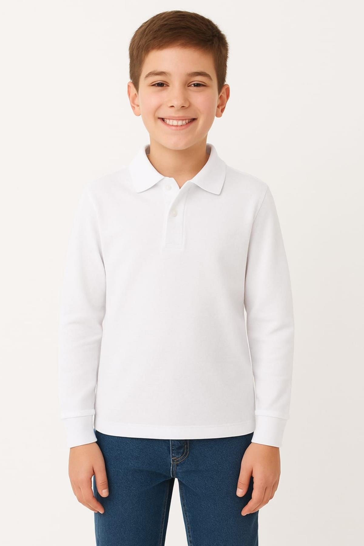Çocuk Unisex Uzun Kollu Polo Yaka Tshirt Beyaz Okul 10-13 Yaş