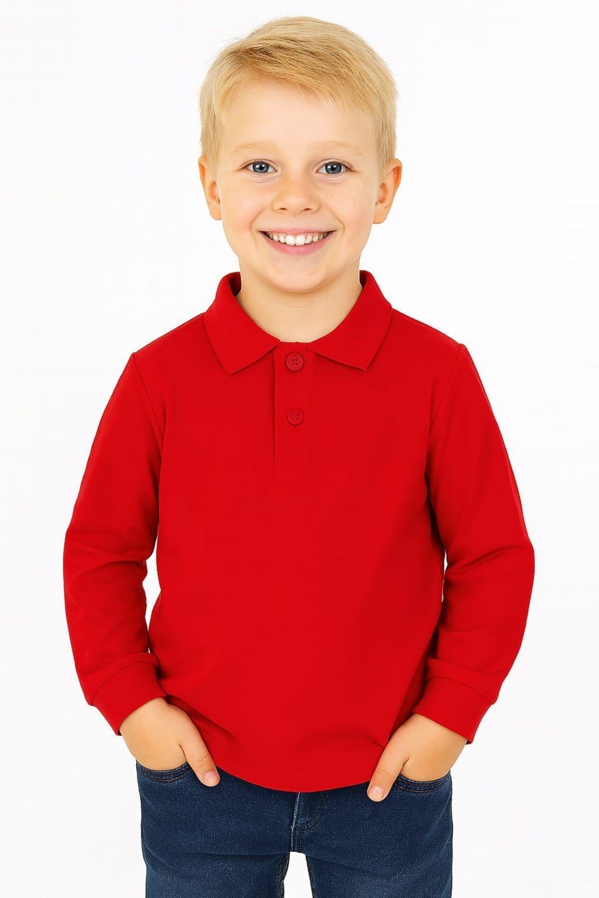 Çocuk Unisex Uzun Kollu Polo Yaka Tshirt Kırmızı Okul 6-9 Yaş