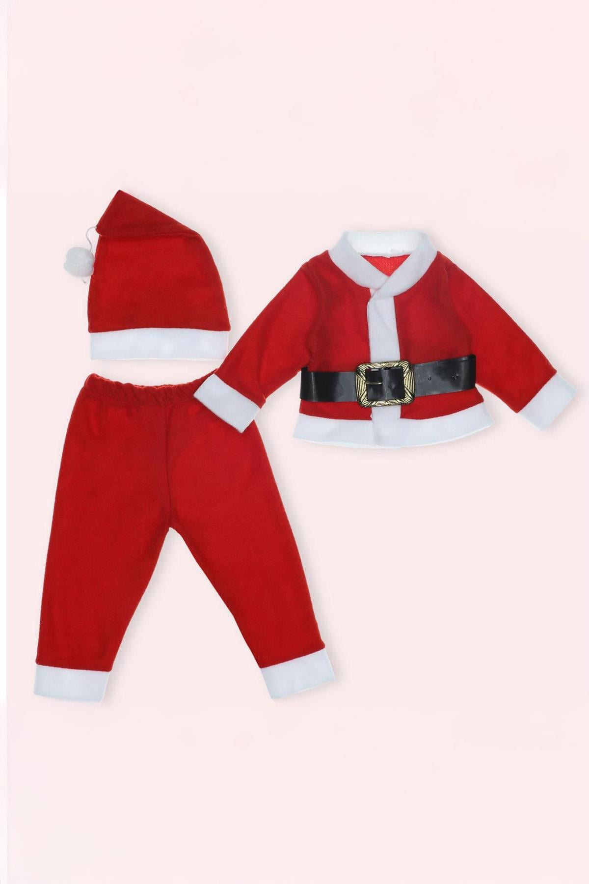 Erkek Bebek Noel Baba Elbisesi 2'li Takım Şapka ve Kemer Hediyeli