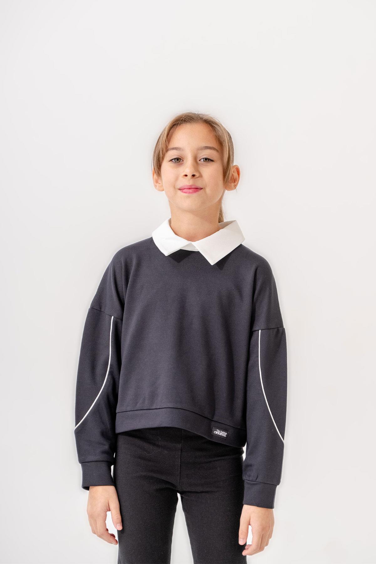 Kız Çocuk Lacivert Bluz Sweat Yaka Detaylı  