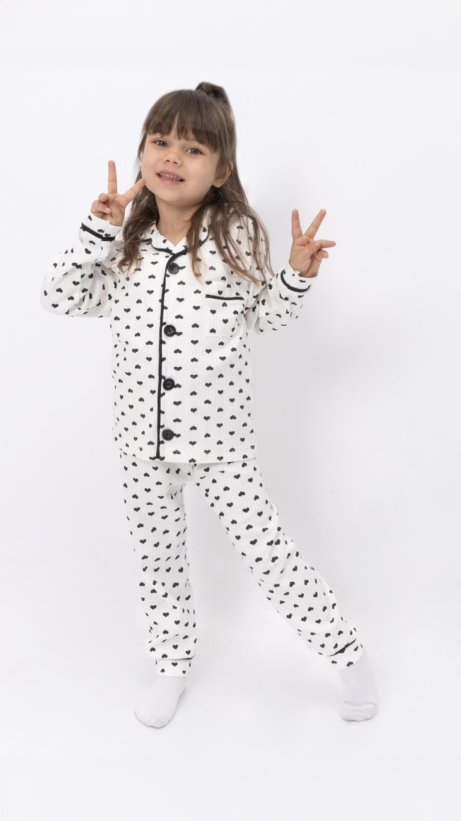 Kız Çocuk Pijama Takımı Siyah Kalp Desenli  2-8 Yaş