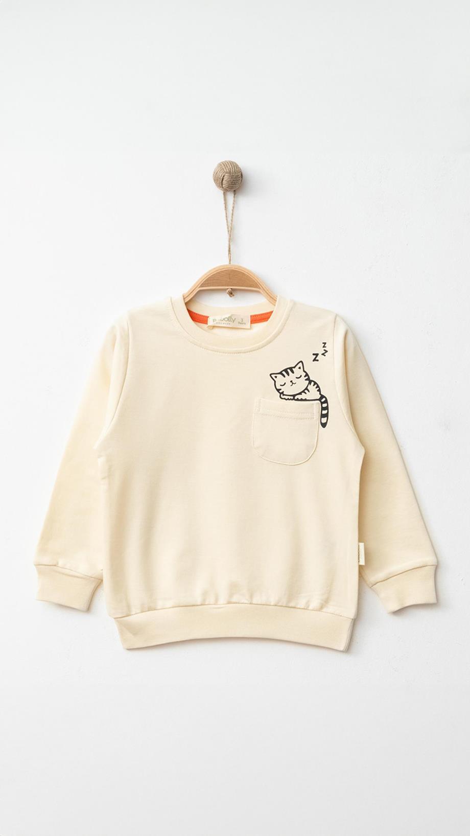 Kız Çocuk Sweatshirt %100 Pamuklu Cep Detaylı Kedi Baskılı Bej 1-6 Yaş