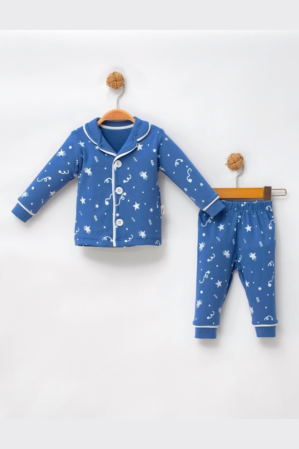 Kız - Erkek Çocuk Pijama Takımı Yıldız Desenli Mavi %100 Pamuk 