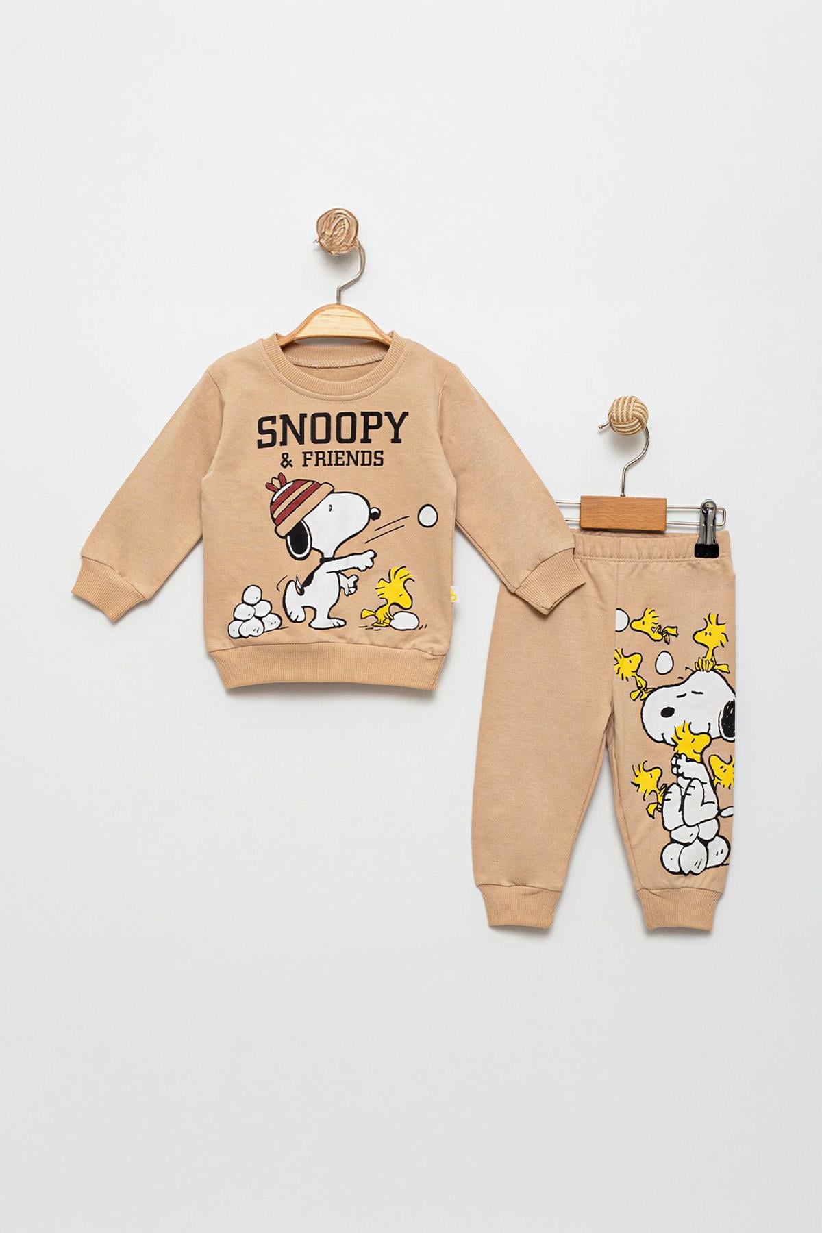Snoopy Baskılı Alt Üst Sweat Takım  6-24 Ay Bej