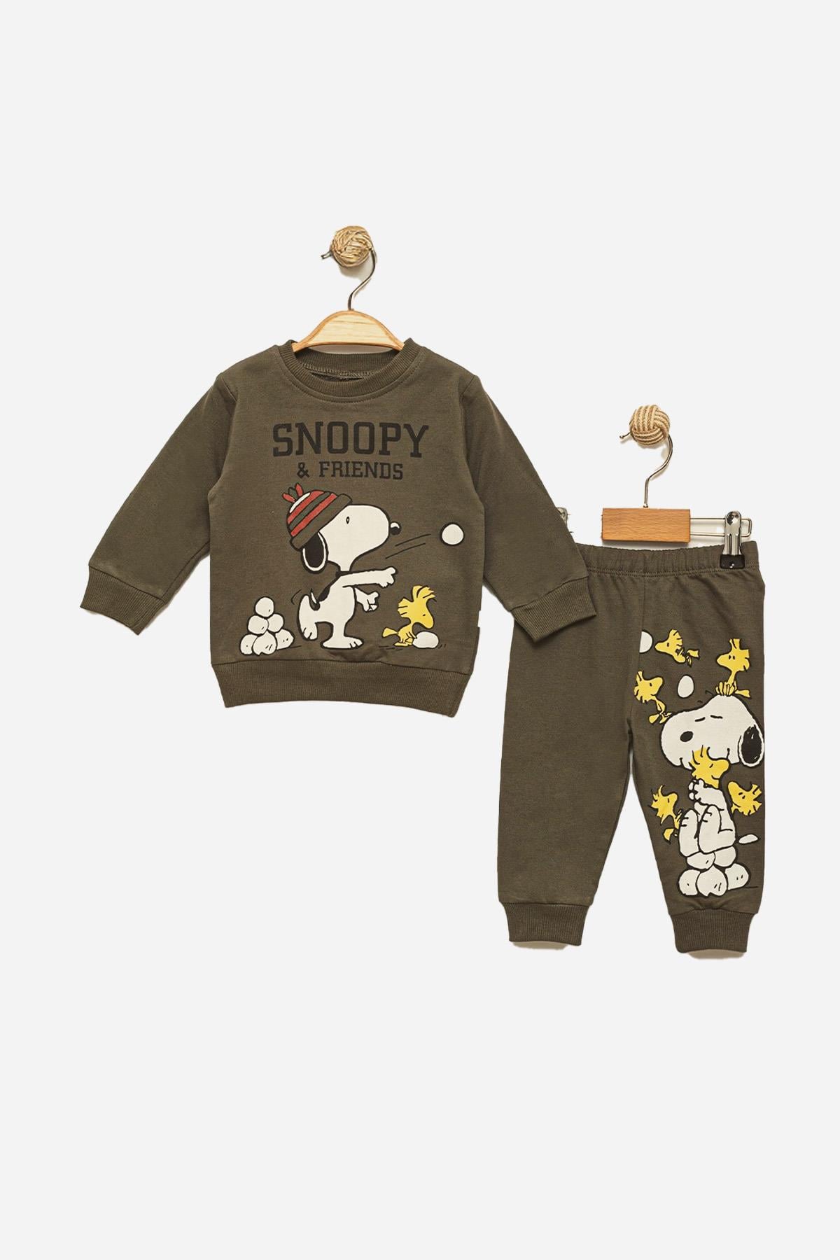 Snoopy Baskılı Alt Üst Sweat Takım  6-24 Ay Asker Yeşil
