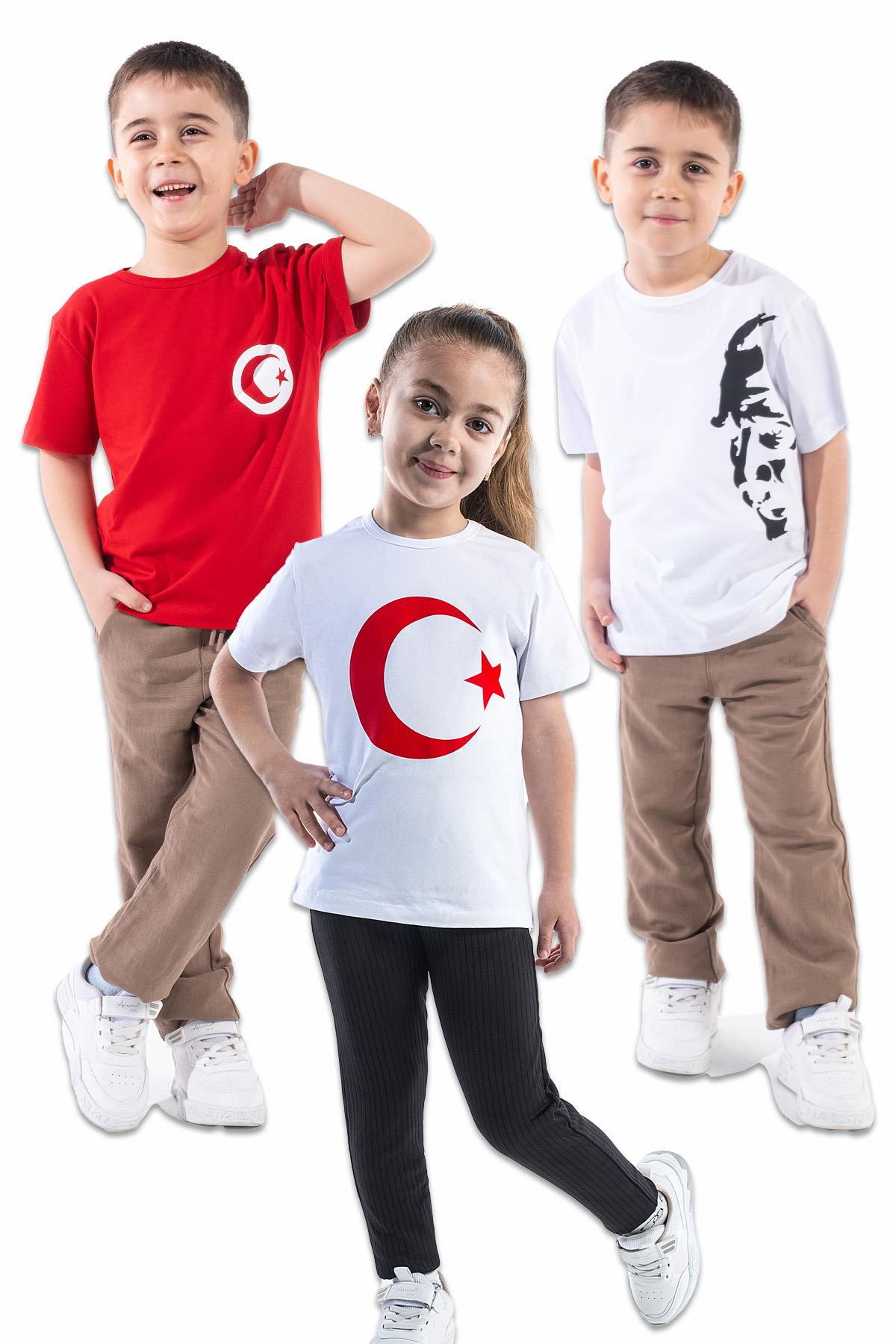 Türk Bayraklı Atatürk Baskılı T-shirt Set 4-14 Yaş Kız-Erkek