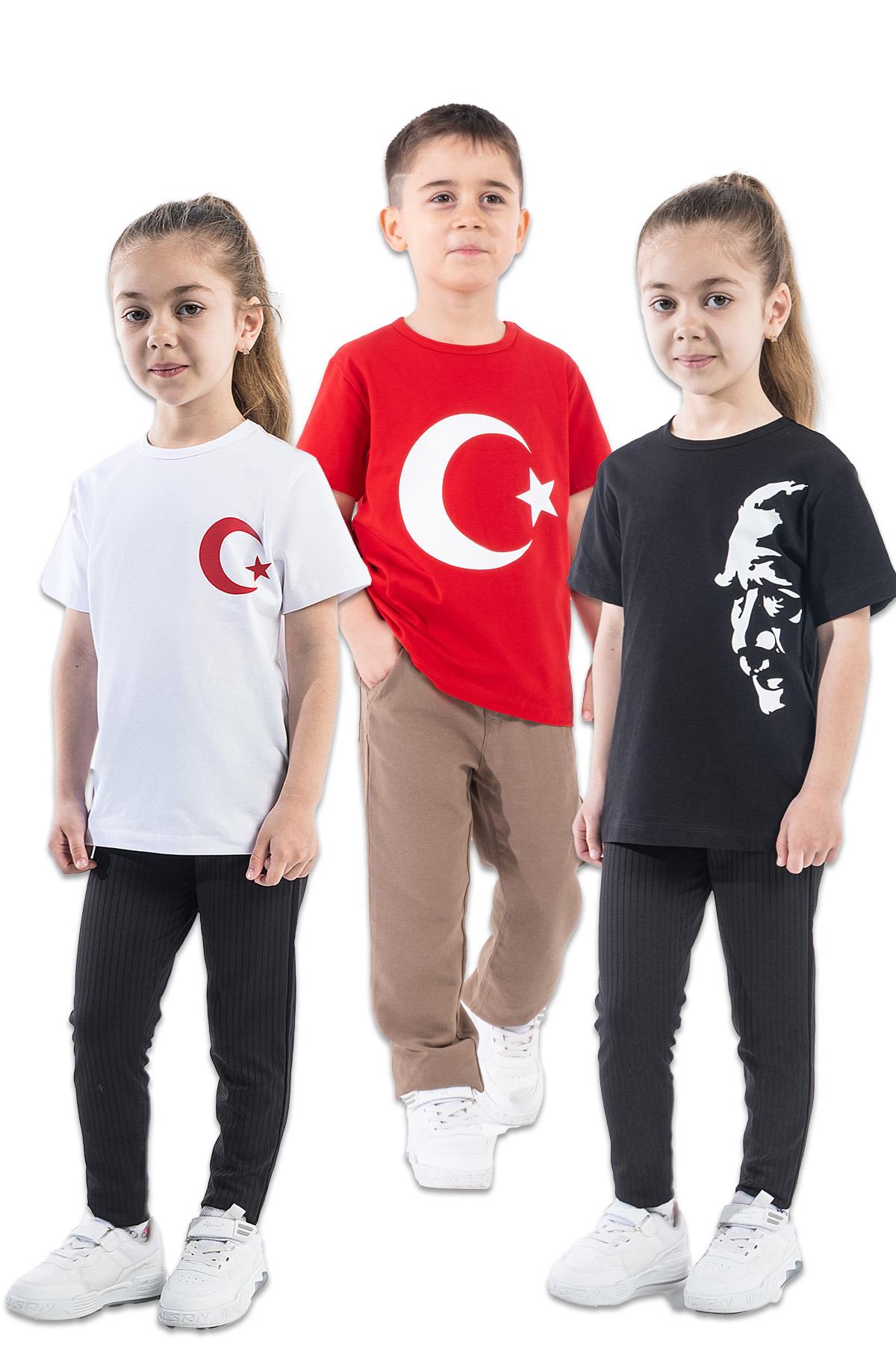 Türk Bayraklı Atatürk Baskılı T-shirt Set 4-14 Yaş Kız-Erkek KSB