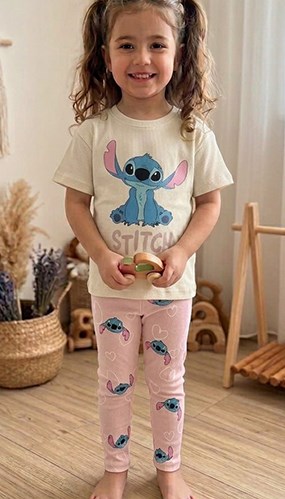 Kız Çocuk Stitch Tasarımlı Pembe Taytlı Takım
