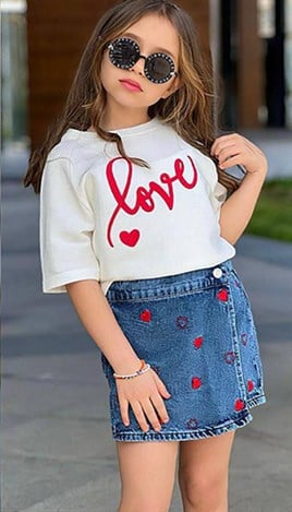 Kız Çocuk Love Kot Etekli Takım