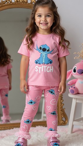 Kız Çocuk Stitch Tasarımlı Pembe Taytlı Takım