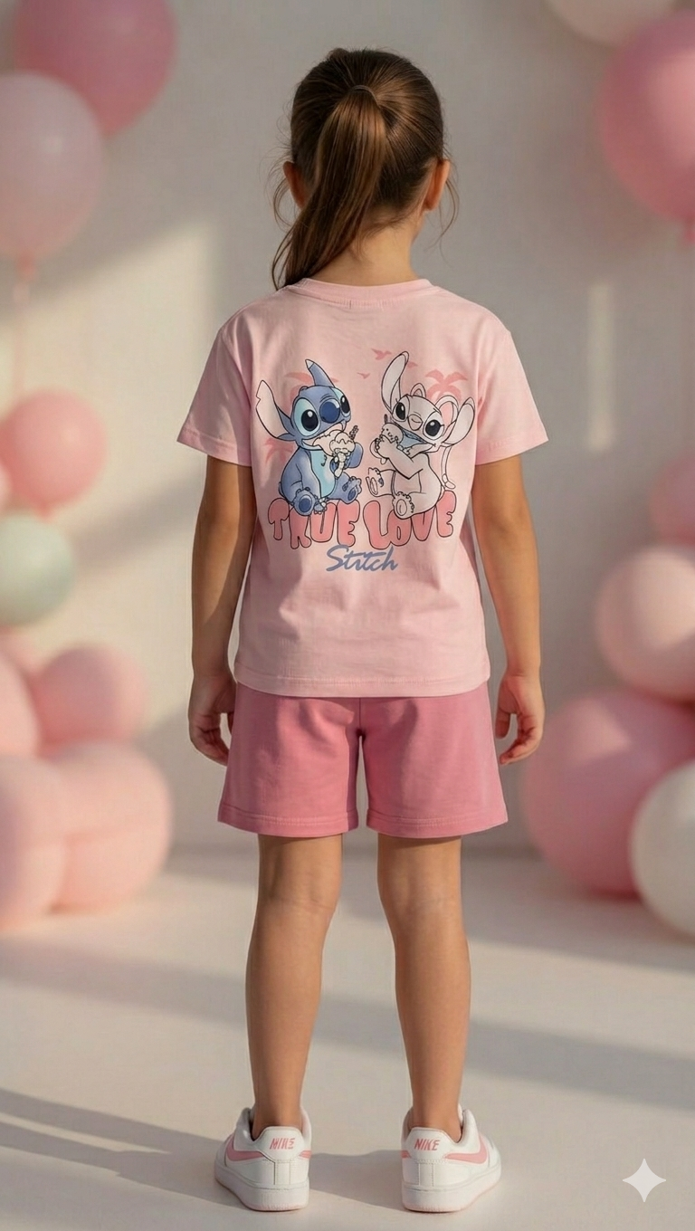 Kız Çocuk Stitch Tasarımlı Penye Şort Takım