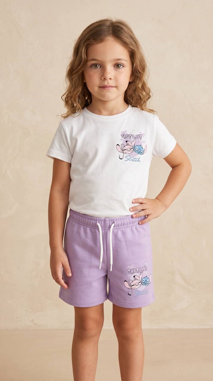 Kız Çocuk Stitch Tasarımlı Penye Şort Takım