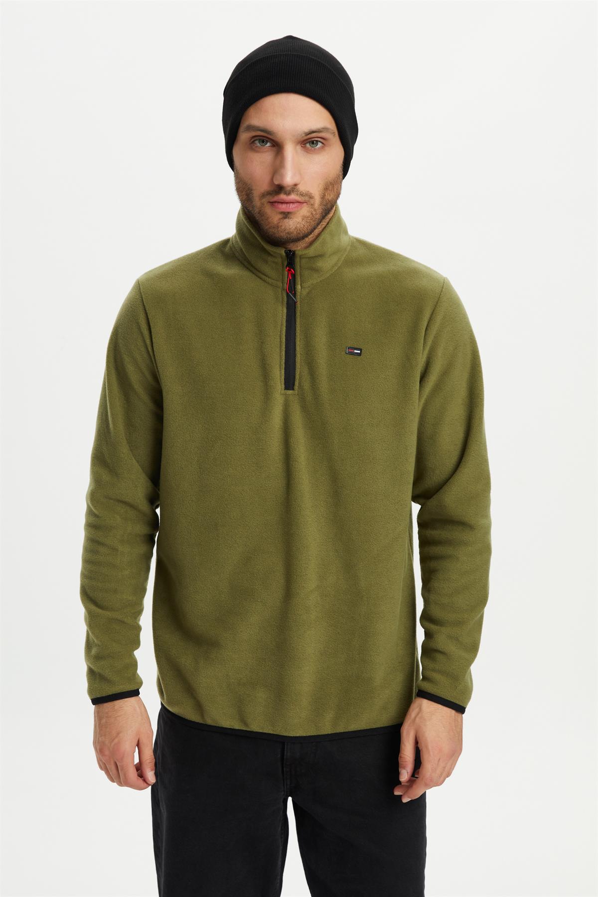 River Club Erkek Dik Yaka Yarım Fermuar Haki Kışlık Sweatshirt PO-001 Haki
