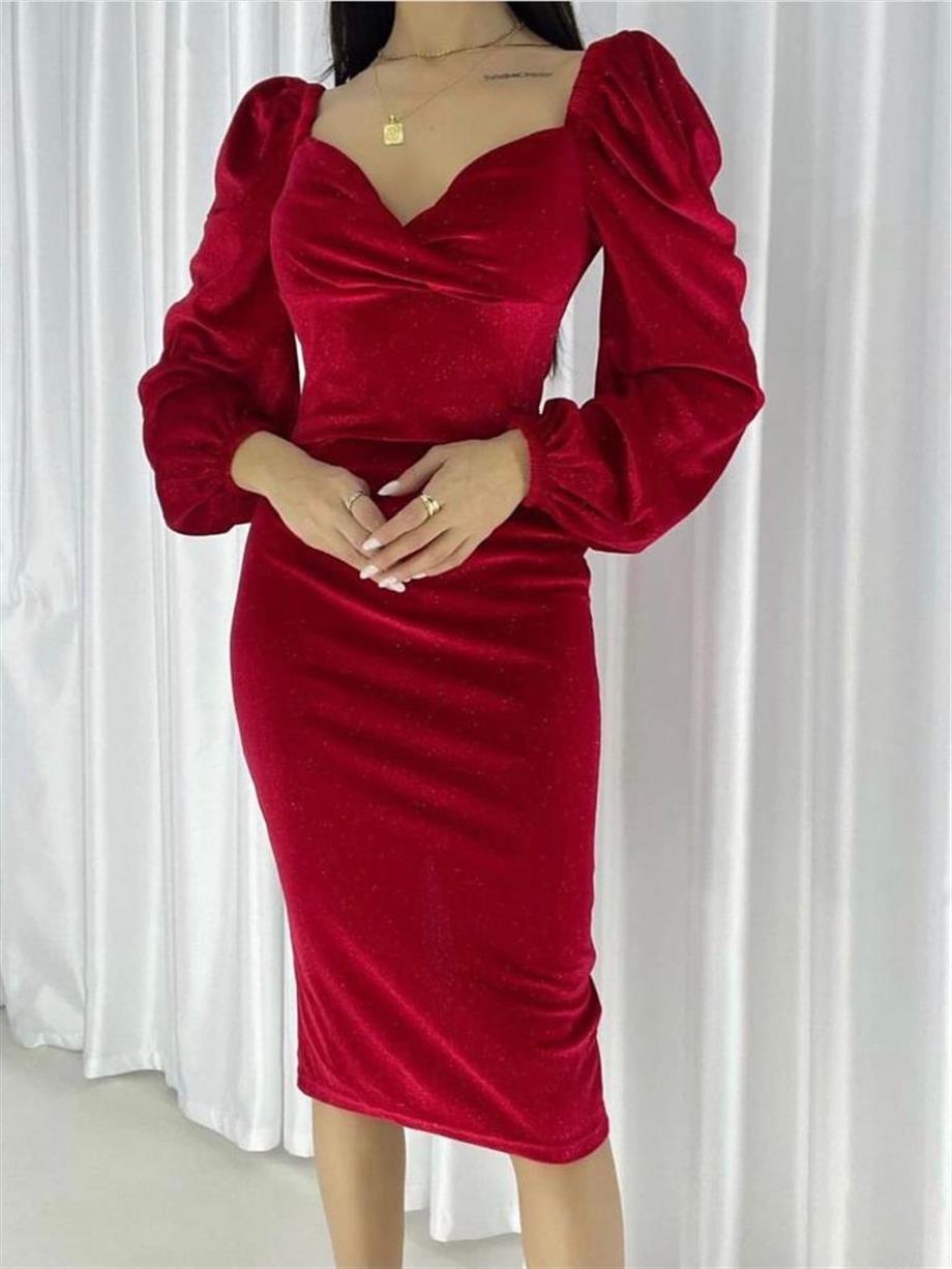 Kadife Kırmızı Uzun Kalem Sim Detay Elbise
