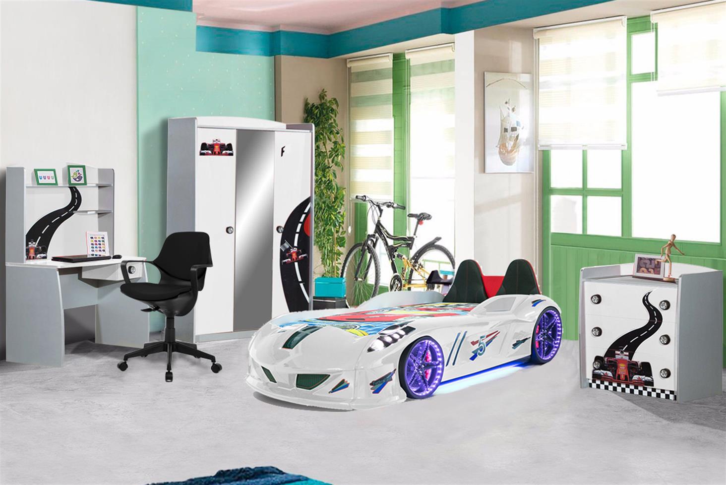 Jaguar Koltuklu Arabalı Yataklı Formula Çocuk Odası Beyaz