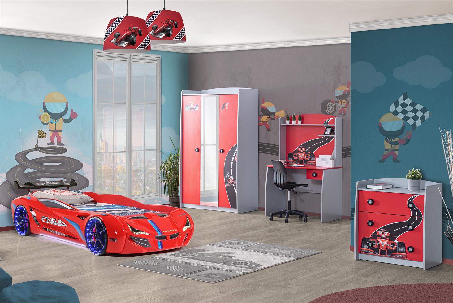 Mercedes Rüzgarlıklı Arabalı Yataklı Formula Çocuk Odası Kırmızı - Setay  Mobilya