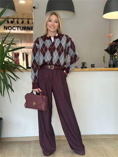 Baklava Desen Bordo Gri Hırka Askı002998