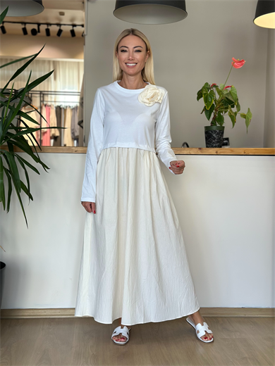 Beyaz Ekru Gül Detaylı Elbise Askı00102