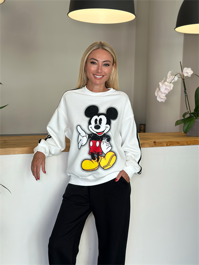Beyaz Siyah Şeritli Mickey Sweat Askı00296