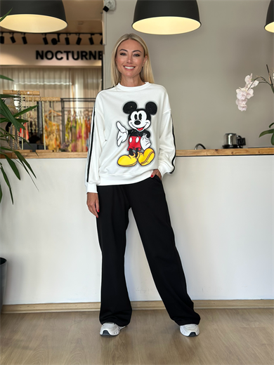 Beyaz Siyah Şeritli Mickey Sweat Askı00296