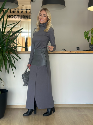 BGN Workshop Gri Deri Detaylı Etek Askı0046