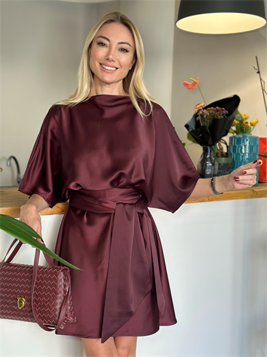 Bordo Saten Kuşaklı Elbise Askı00292